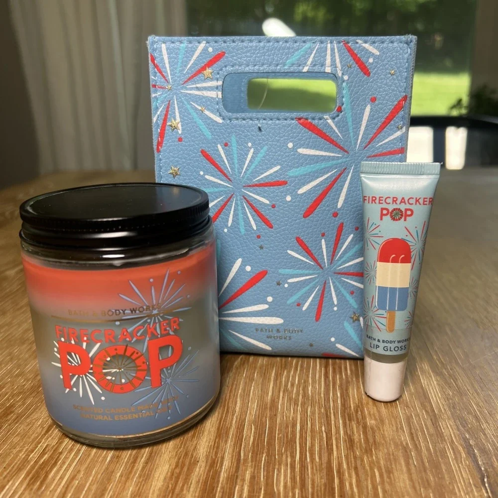 BATH & BODY WORKS ~ FIRECRACKER POP SCENTED CANDLE 7 OZ & Lip Gloss